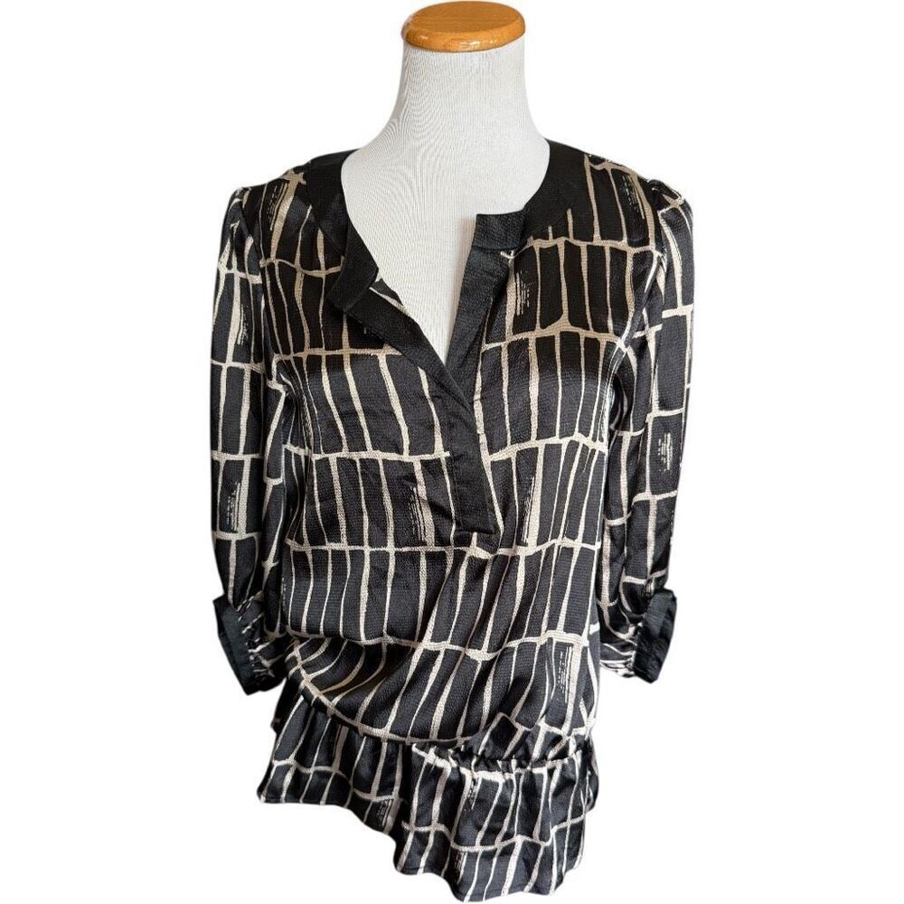 Womens Brina & Em Striped Cinched Peplum 3/4 Sleeve Split Neck Top Blouse - S